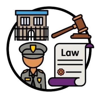 A prison, a gavel, a police officer and a law document.