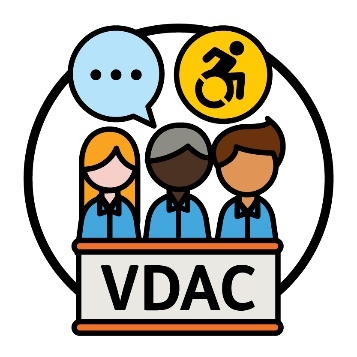 3 people behind a bench that has 'VDAC' printed on it. Above them is a speech bubble and a disability icon.