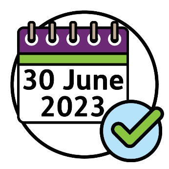 A calendar that reads '30 June 2023' with a tick next to it.