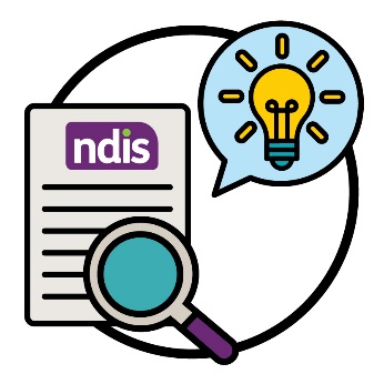 A magnifying glass over an NDIS plan. A speech bubble next to the plan has a glowing lightbulb in it.