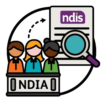 An arrow pointing from 3 people behind a bench that has 'NDIA' printed on it over to an NDIS plan with a magnifying glass over it.