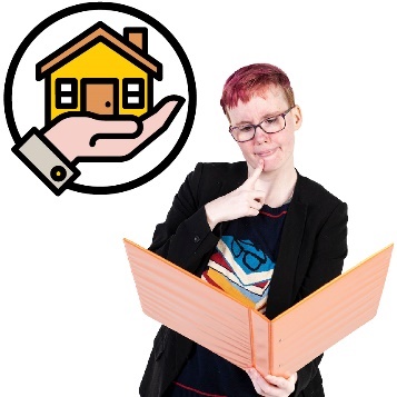 A person reading a folder. Above them is a home and living supports icon.