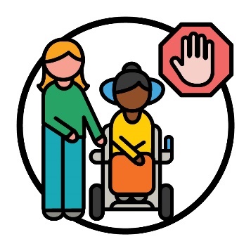 A person supporting someone with disability. Above them is a stop icon.