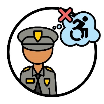 A police officer with a thought bubble that has a disability icon and a cross in it.