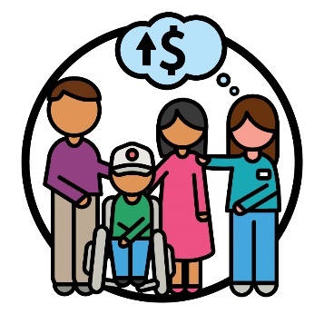 A provider supporting a family with someone who has disability. The provider has a thought bubble with a dollar symbol and an arrow pointing up in it.