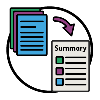 An arrow pointing from a long document to a short 'Summary' document.