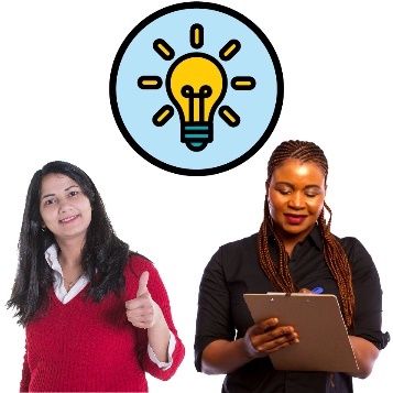 A person giving a thumbs up and a person writing on a clipboard. Above them is glowing lightbulb icon.