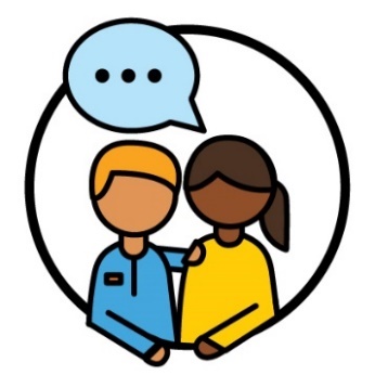 A DANA worker supporting a person with disability. They have a speech bubble with 3 dots in it.