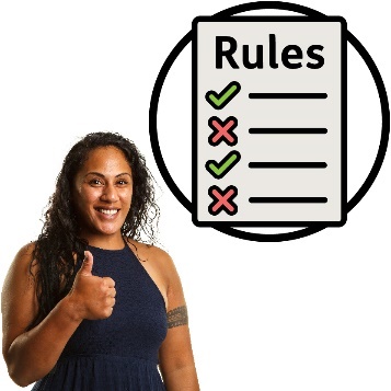 A person giving a thumbs up, with a 'Rules' document next to them.