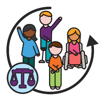 A diverse group of people with disability inside a curved arrow, and a balanced scales icon.