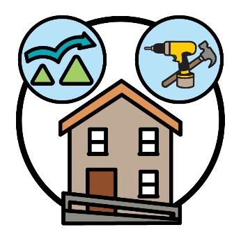 A house with a ramp, and a challenges icon and a drill and hammer icon.