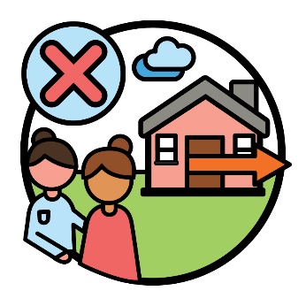 A care worker and a participant outside a house, with an arrow leading out of the front door, and a cross.