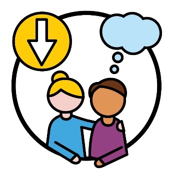 A man with a thought bubble being supported by a woman, and an arrow pointing down.