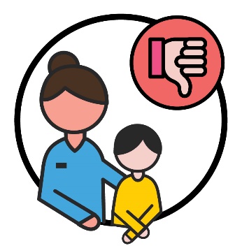 A worker supporting a child, and a thumbs down icon.