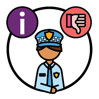 A police officer with an information icon, and a thumbs down.