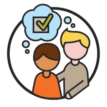 A person being supported by another person. Above them is a thought bubble with a decision icon.