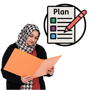 A woman reading from a folder, and a plan icon with a pen.