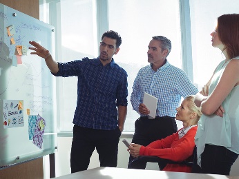 A group of people working together with a whiteboard.