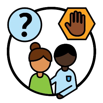 A worker supporting someone, and a question mark icon and a hand in as top gesture icon.