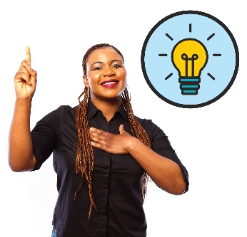 A woman with one hand on her chest and her other hand in the air. There is a light bulb icon next to her. 