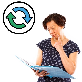 A woman in a thinking pose reading a document, with a change icon.