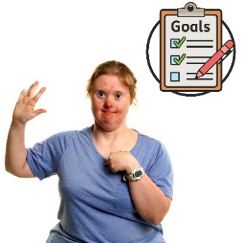 Woman pointing at herself with her other hand raised. There is a goals icon above her.