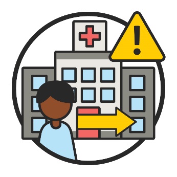 A man leaving a hospital, with a problem icon.