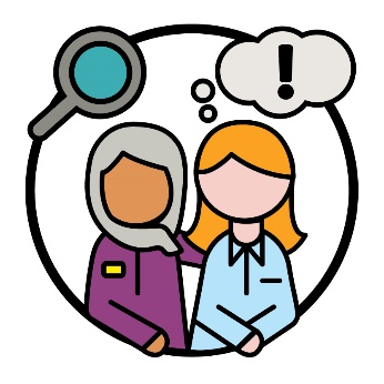 An NDIA worker supporting a woman. The woman has a thought bubble showing and exclamation mark. There is also a magnifying glass.