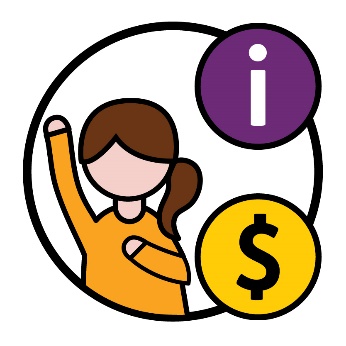 A woman with 1 hand raised and the other pointing to herself, with an information icon and a dollar sign.