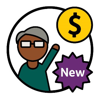 A person with their hand up, a dollar sign icon and a badge that says 'new'. 