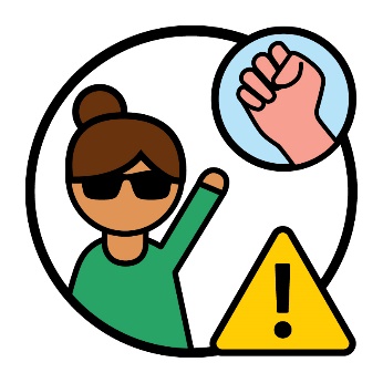 A woman with disability with her hand up, a fist icon and a problem icon.