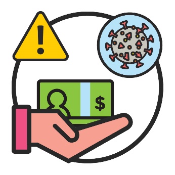 A hand holding money under a problem icon and a coronavirus icon.