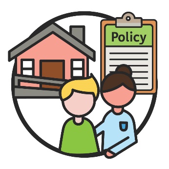 A woman supporting a man outside a house with a ramp, and a clipboard titled 'policy'.