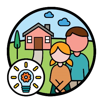 2 people outside a house, with a lightbulb and cog icon. 