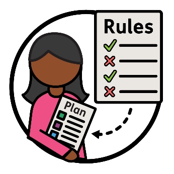 A plan manager holding a plan, and an arrow pointing to the plan from a rules document.