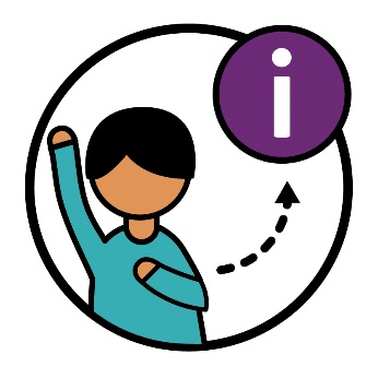 A person with their hand up, and an arrow pointing to an information icon.