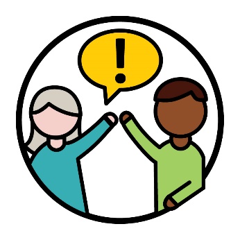 2 people with their hands up, and a speech bubble showing an exclamation mark.