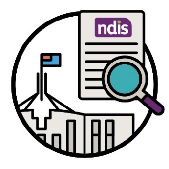 The Australian Government building, an NDIS plan and a magnifying glass.