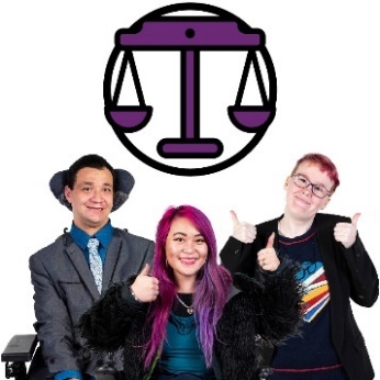A set of justice scales above a diverse group of 3 people.