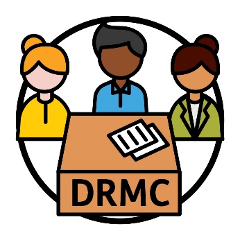 3 people around a table with papers on it, and the letters 'DRMC'.
