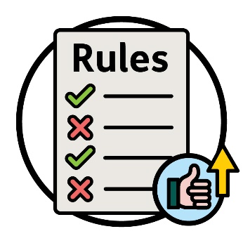 A 'Rules' document with ticks and crosses next to each line, and a thumbs up with an arrow pointing up.