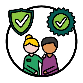 A support worker supporting a participant. Above them is a safety icon and a badge with a tick showing quality.