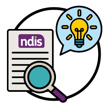 A magnifying glass on an NDIS document, and a speech bubble showing a light bulb.