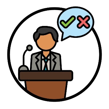 A person in a suit at a podium with a microphone, and a speech bubble showing a tick and a cross.