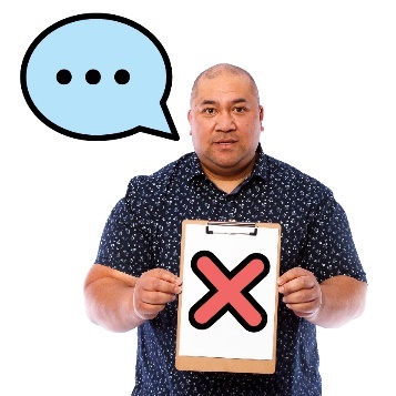 A person holding a clipboard showing a cross. A speech bubble comes from the person.