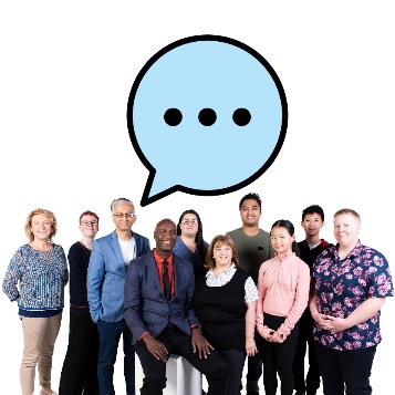 A large group of people with a speech bubble.