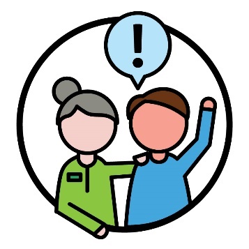 A support worker supporting a person who has their hand raised, and a speech bubble showing an exclamation mark.
