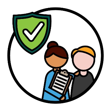 A provider with a clipboard supporting someone, and a safety icon.