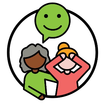 A person supporting someone who has their hands over their head. A speech bubble comes from the first person, showing a green smiling face.