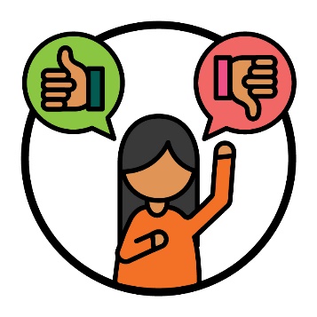 A person with a hand raised and the other hand pointing to them self, with 2 speech bubbles showing a thumbs up and a thumbs down.